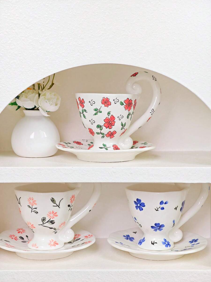 1 Set Creative Floral Hand-Painted Ceramic Coffee Cup & Saucer, Household Use - Multicolor - View 1