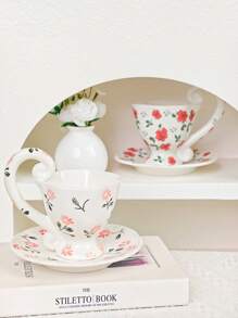 1 Set Taza de café de cerámica pintada a mano con plato, de estilo floral, de gran tamaño para uso doméstico y regreso a la escuela