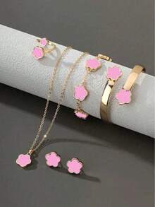6pcs/Set Women's Same Color Lucky Flower Decoration Accessory Combination 1 Pair Of Earrings 1 Necklace 1 Bracelet 1 Bracelet 1 Ring Set Suitable For Daily Use