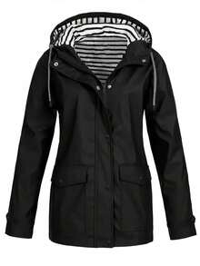 Jacket With Striped Lining And Zipper, Casual Long-Sleeved Hooded Jacket With Drawstring For Autumn And Winter, Women's Clothing, Women's Outdoor Windproof Hooded Jacket With Striped Lining, Button And Adjustable Drawstring Closure For Autumn/Winter, Windbreaker Jacket, Durable Outdoor Clothing - 黑色 - 查看 1