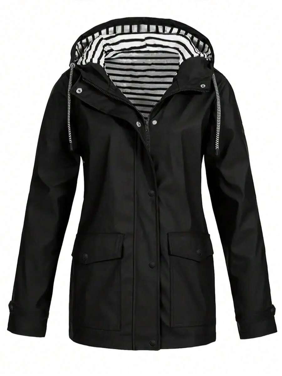 Jacket With Striped Lining And Zipper, Casual Long-Sleeved Hooded Jacket With Drawstring For Autumn And Winter, Women's Clothing, Women's Outdoor Windproof Hooded Jacket With Striped Lining, Button And Adjustable Drawstring Closure For Autumn/Winter, Windbreaker Jacket, Durable Outdoor Clothing - 黑色 - 查看 1