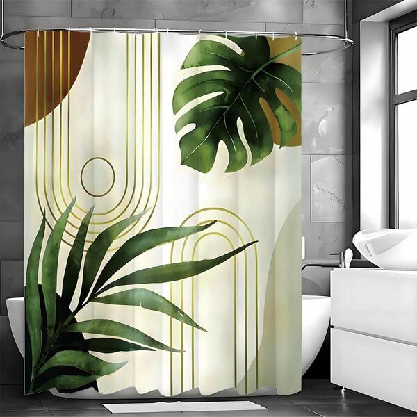 Cortina de ducha con hojas verdes de estilo de mediados de siglo, abstracta, bohemia, minimalista, estética, montaña, palma, arco moderno, curva, juego de decoración de baño, tela, 12 ganchos de plástico