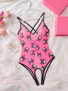 Sanrio Sanrio Damen Kuromi Süßer Digitaldruck, V-Ausschnitt, transparent, Schleifendekor, Teddy Bodysuit, sexy Dessous Bodysuit für Ausgehen