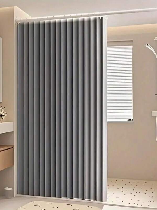 1pc Vertical Stripe Folding Shower Curtain - Polyester, Heat Insulation, Easy To Install And Store, Ripple Folding Top Design, No Liner, Suitable For Bathroom Decor, Modern Vertical Stripe Pattern, Functional Shower Curtain Bathroom Accessories Back To School