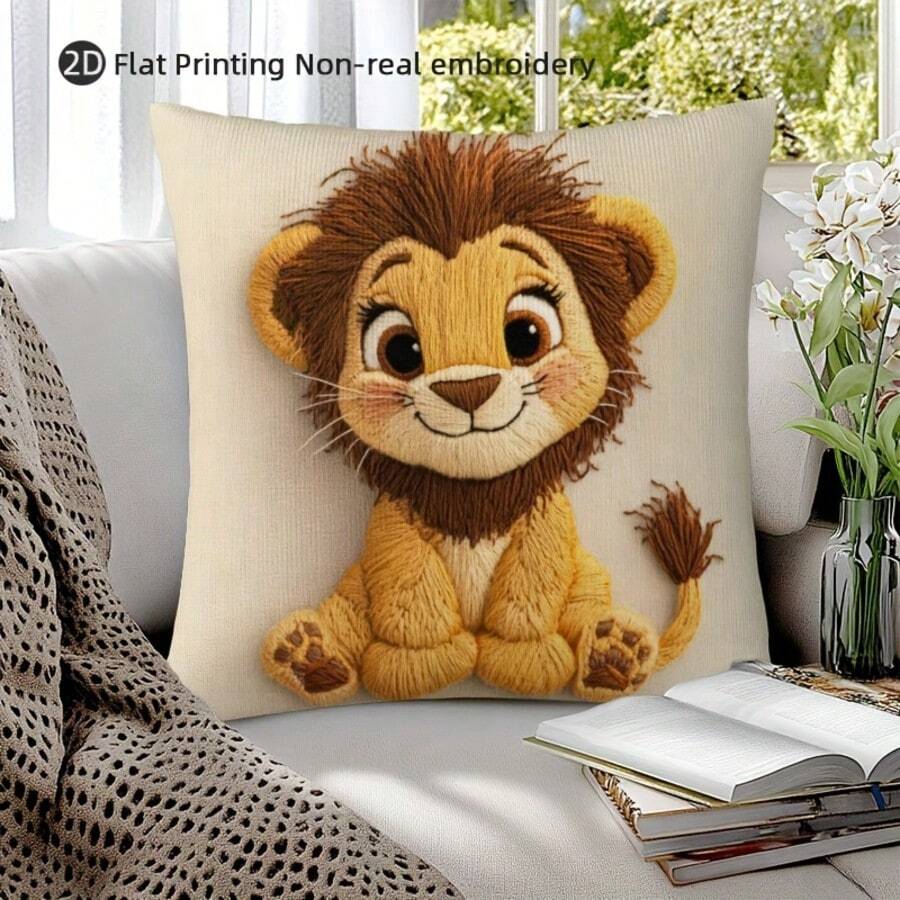 1 Vỏ gối trang trí họa tiết sư tử nhỏ dễ thương, in thêu phẳng 2D, kích thước 17,7"X17,7", in một mặt, thích hợp cho ghế sofa phòng khách, đệm xích đu hiên nhà, không có ruột gối - Nhiều màu - Xem 1