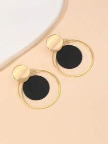 1pc Metallic Circular Disc Earrings, Creative Design Gift For Her - Black - View 10