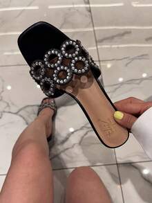Sandalias de cuña con decoración de cristal, versátiles y de moda para el verano - Negro - Ver 3