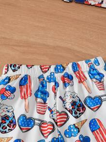 Set 2 piese Fetițe Ziua Independenței Maiou cu imprimeu grafic și pantaloni evazați cu fundă, cu bentiță