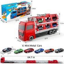 ألعاب شاحنات نقل للأطفال ، شاحنة نقل مزدوجة السكة وماطلقة السيارات بطول 61 بوصة ، مجموعة شاحنة نقل مع سيارتين معدنيتين وصندوق تخزين قابل للطي ، هدية ألعاب سيارات للمراهقين ، مناسبة للبنين والبنات من عمر 2 و 3 و 4 و 5 و 6 سنوات وما فوق