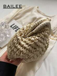 Bolso bandolera de mujer trenzado de verano con borla y cadena, bolso de playa tejido de papel con hombro, cartera hecha a mano, 1 bolso de embrague tejido de papel color beige claro para mujer, bolsas de playa, artículos esenciales de vacaciones, perfecto para vacaciones de verano, opción ideal para damas de moda
