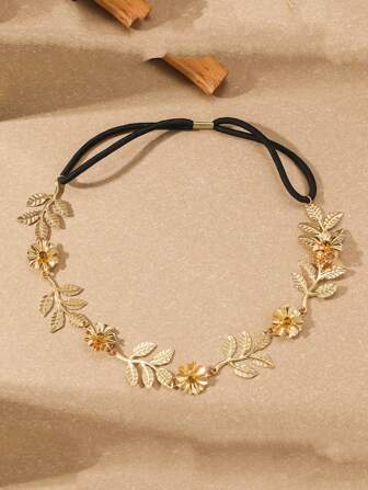 1pc Rhinestone Baroque Leaf Flower Studded Headband, Goddess Hair Accessories Hair Bands
