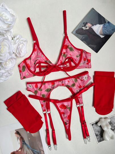 Women's Sexy Kawaii Floral Lace Bra 4-Piece Set (Wired Bra, Thong, 2 Stockings)