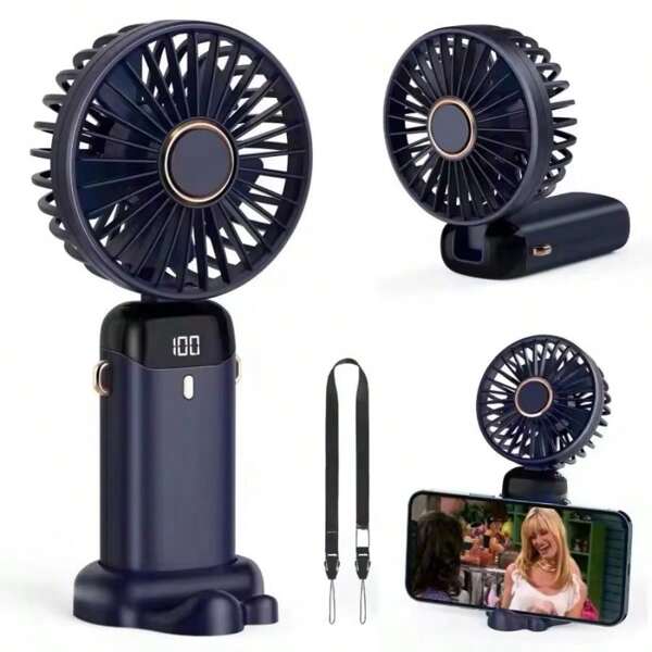 1 Stück persönlicher tragbarer Handventilator, mit Smartphone-Halterung und Schlüsselband, kleiner tragbarer Ventilator, Tischventilator, USB aufladbar, LED-Digitalanzeige, 5 Geschwindigkeitsstufen, 90° verstellbar, leistungsstarker und leiser Luftstrom, für Sommer, Outdoor, Reisen, Büro, Zuhause, Auto, zusammenklappbar, geeignet als Geschenk zum Muttertag, Vatertag, Studentenabschluss, Geburtstag, Hawaii-Party