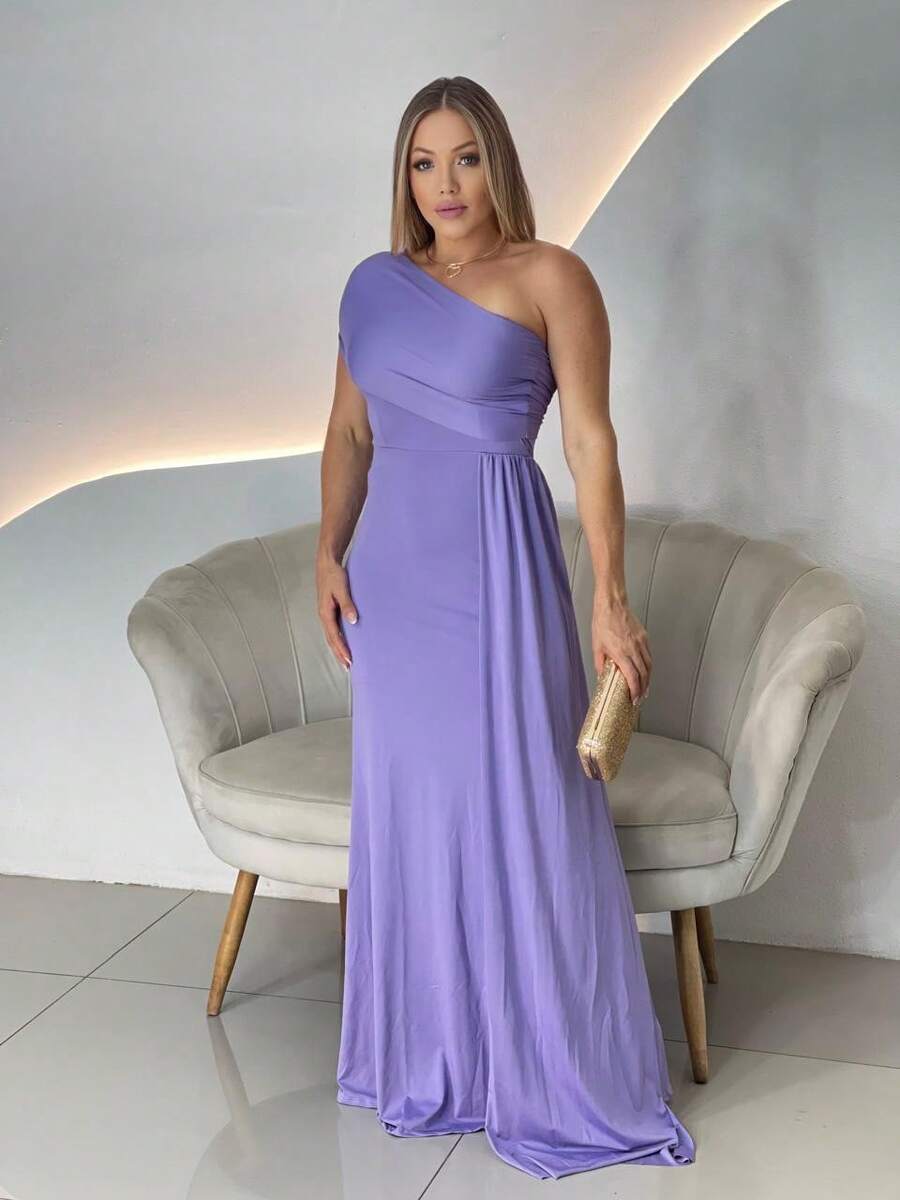 Long Women's Party And Event Dress, Elegant, Bridesmaids And Guests, Fluidity Knit With Lined Cups, One Shoulder, One-Sided, Zero Sleeves - 紫丁香色 - 查看 1