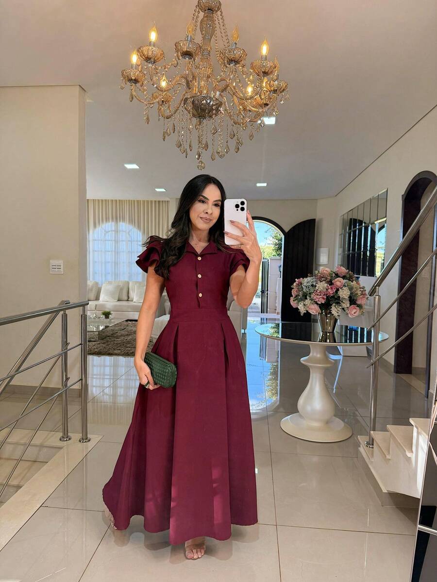 Elegant Long Dress With Puff Sleeves And Front Buttons – Sophisticated Look For Parties And Events - 查看 1