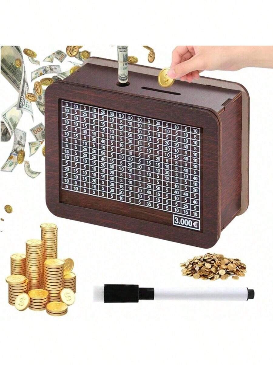1pc Wooden Piggy Bank With Numbered Counter, Default 10000€, Light Brown Shade, Home Decor Coin Box, Back-To-School Essential, Wooden Cash, 2025 New Wooden Cash Savings Box, Cash Savings Box, Coin Counter Piggy Bank, Wooden Money Box With Counter