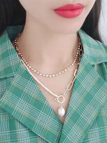 BJNCDIO 1pc Elegant & Fashionable Multilayer Necklace, Boho Style With Faux Pearl, Stainless Steel Charm Pendants, Versatile Wear For Daily, Music Festival, Great Gift, Non-Fading, Hypoallergenic