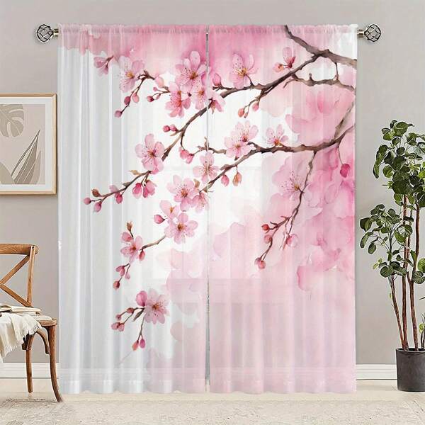 2 piezas de modelos de simulación con impresión de malla de flores digitales de alta definición, decorados con un exquisito patrón de flor de cerezo en la parte superior derecha. Adecuado para la decoración del hogar en la sala de estar y el dormitorio. Aplicable al efecto de la vara de la cortina para las ventanas del dormitorio y la sala de estudio