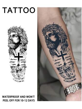 1 pieza Tatuaje temporal falso Tatuaje semi-permanente con patrón occidental de Jesús Resistente al agua y al sudor Duración de 1-2 semanas Realista a base de hierbas Antifricción Sin reflejo Negro Tatuajes autoadhesivos para mujer y hombre para el brazo, pecho, pierna, abdomen, cintura, dedo, cuello, espalda, arte corporal modernista