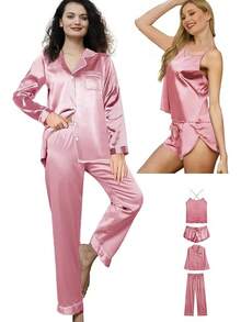 4Pcs Womens Silk Pajama Sets Satin Pajamas Set Sexy Cami Lingerie Pjs Nightwear Silky Pj Loungewear Sleepwearhalloween - 塵土飛揚的玫瑰 - 查看 1