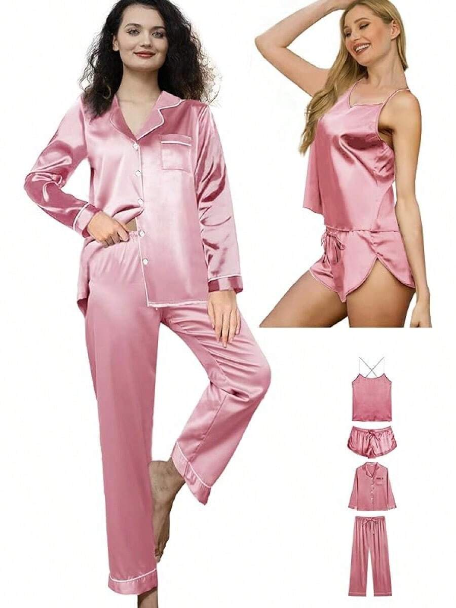 4Pcs Womens Silk Pajama Sets Satin Pajamas Set Sexy Cami Lingerie Pjs Nightwear Silky Pj Loungewear Sleepwearhalloween - 塵土飛揚的玫瑰 - 查看 1