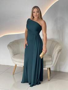 Long Women's Party And Event Dress Elegant Bridesmaids And Guests Fluity Knit With Lined Cup One Shoulder Unilateral Zero Sleeve Detail At The Waist Fluid Draped Shoulder One Size Fits 36 To 42 - 翠綠色 - 查看 2