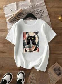 Summer Women Cartoon Black Cat, Noodles, Geometric Pattern Letter Pattern T-Shirt