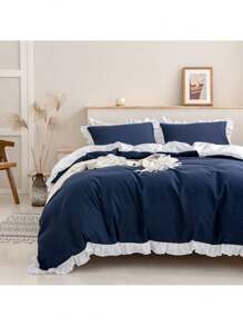 3-Piece Down Duvet Cover Set, Double Tone Ruffle Pattern Soft And Comfortable Down Duvet Cover, Bedding Set, Suitable For Bedrooms And Guest Rooms (1 * Down Duvet Cover+2 * Pillowcase, Coreless)