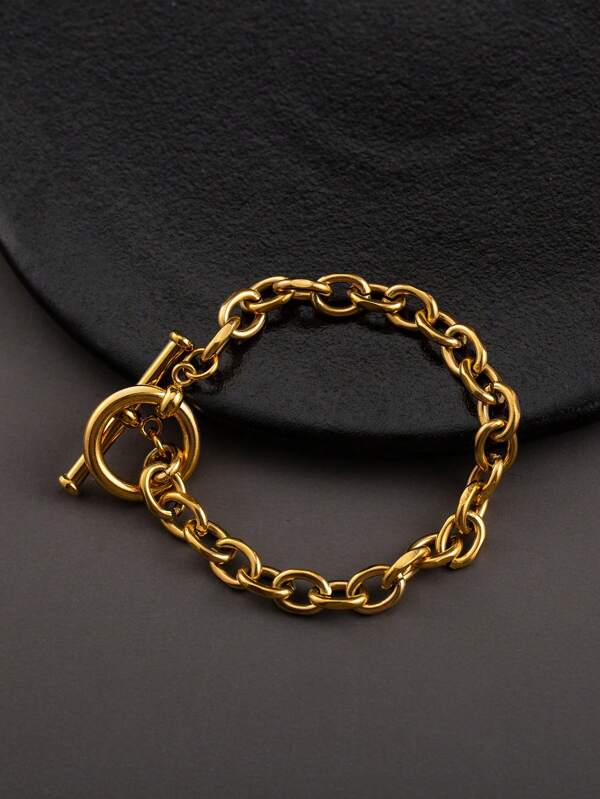 1pc Minimalist Metal Style Thick 18K Gold Plated Stainless Steel Chain Bracelet For Men, Daily Wear Accessory