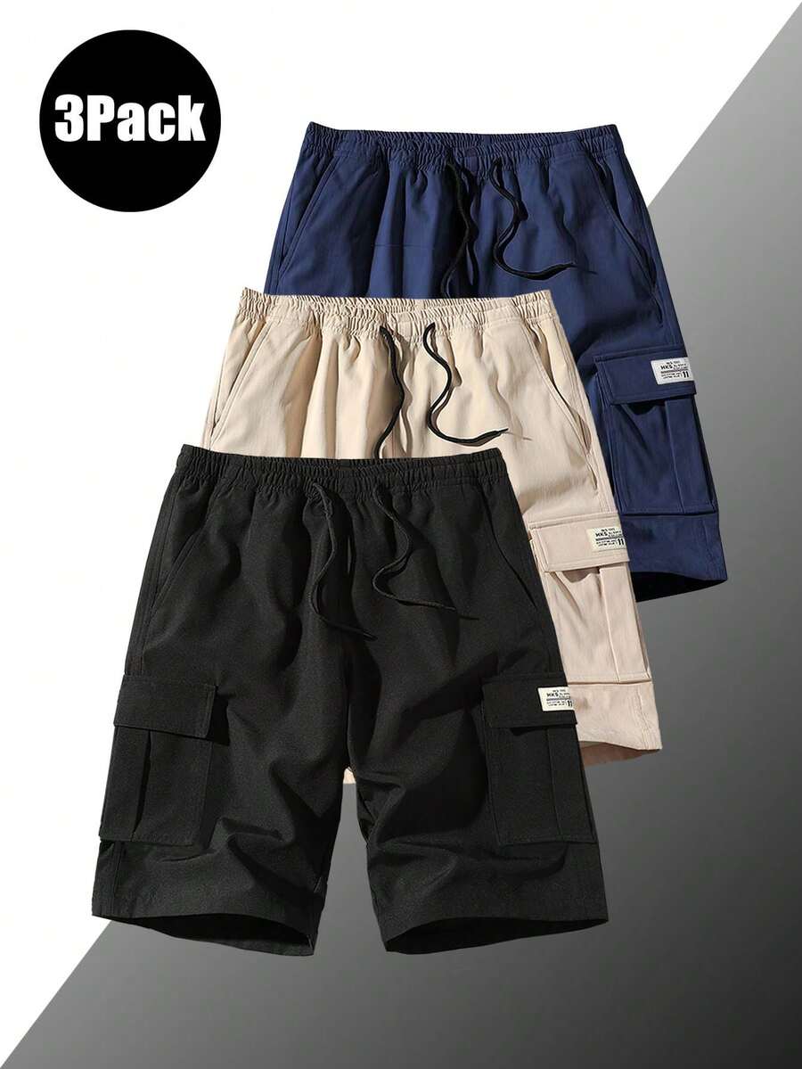 Bộ 3 quần short nam dáng cargo nhẹ, dài 15cm - eo có dây rút, thoáng khí, thích hợp cho mùa hè, hoạt động ngoài trời và thể thao, có túi xéo. - màu đen - Xem 1