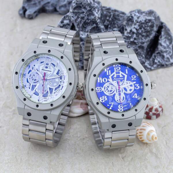 1 pieza Reloj de hombre con correa de acero inoxidable, reloj de cuarzo de moda, reloj de negocios calado adecuado para uso diario