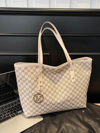 1 件白色托特包，复古花卉和字母图案，金属五金装饰，大容量，女士单肩包