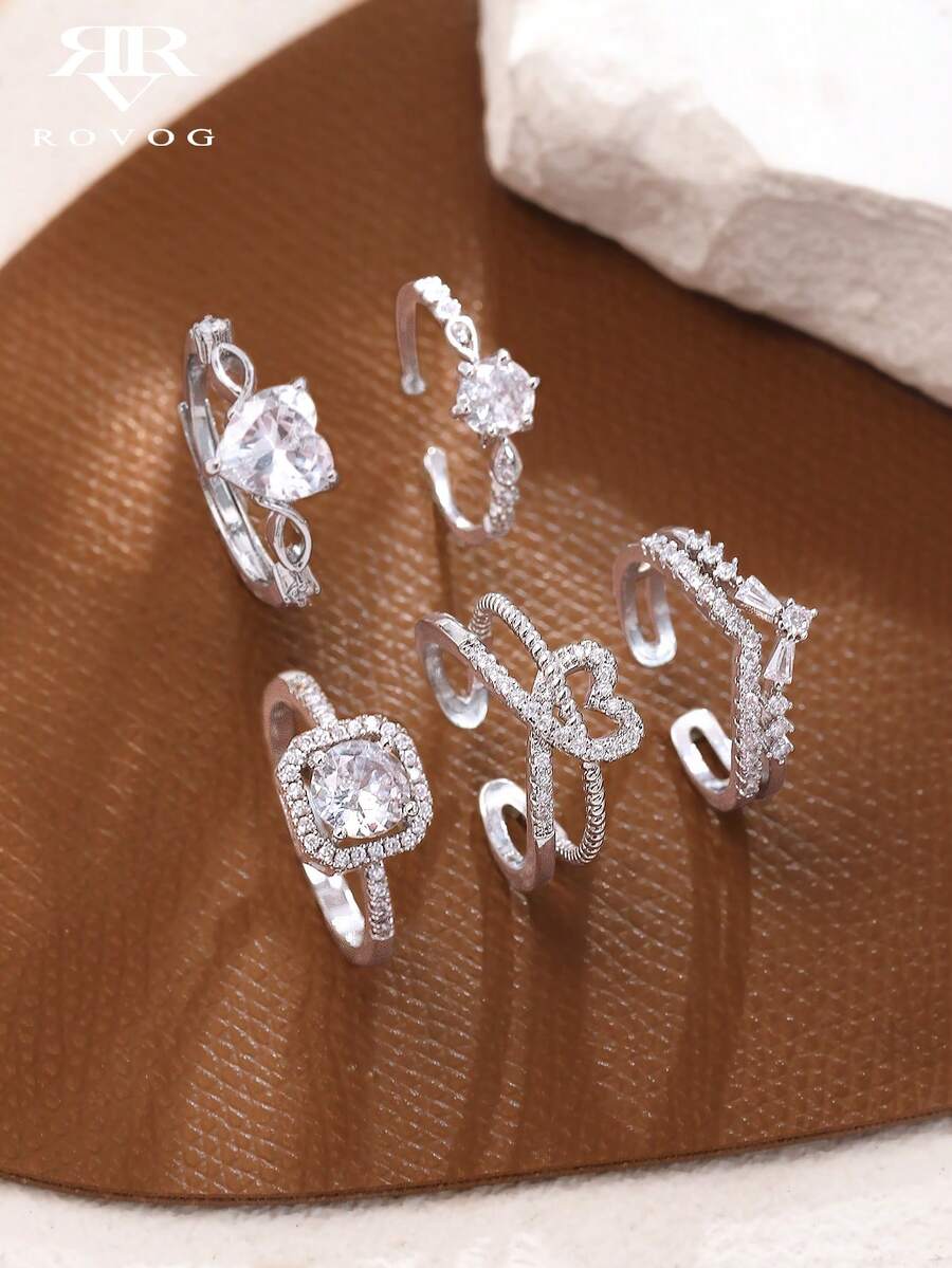 5pcs Elegant High-End Geometric Heart Shape Copper Material Synthetic Cubic Zirconia Women's Rings Set, Suitable For Party, Wedding, Holiday, Gift - Silver - View 1