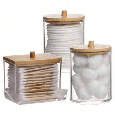 3 قطع/مجموعة، 7/10 أونصة أوعية تخزين بلاستيكية شفافة للمستحضرات، مناسبة لتخزين وسادات القطن والخيط السني وما شابه، مثالية لتنظيم الحمام وصناديق تخزين مستحضرات التجميل مع أغطية خشبية.