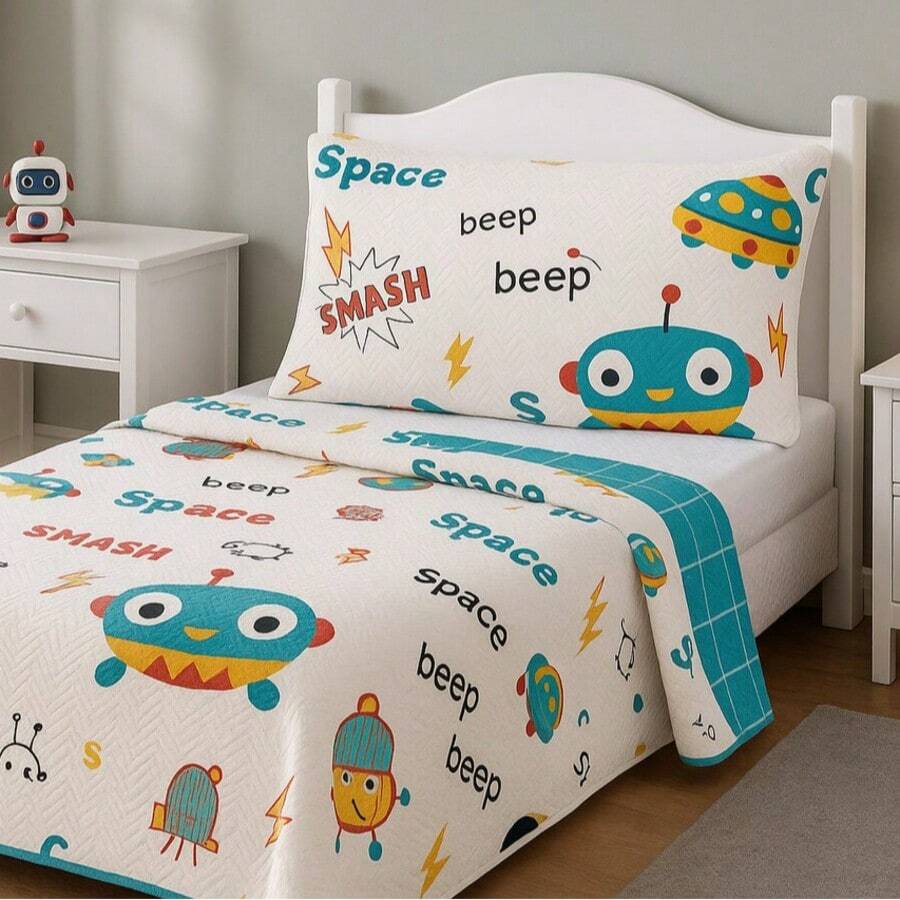 Single Double-Sided 2-Piece Kids Children's Printed Bedspread Kit With Pillowcase - 太空任務 - 查看 1
