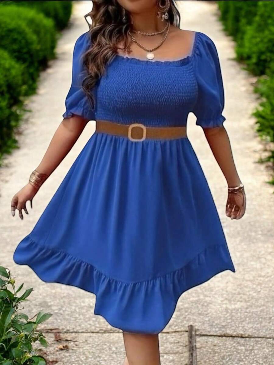 Vestido Corto tipo Campesino.  Incluye Cinturón. - azul real - Ver 1