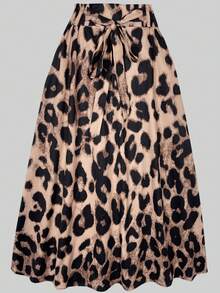 Keke Bloomly 新款时尚简约蝴蝶结豹纹长裙，优雅百搭派对束腰中长裙，适合女士穿着，情人节适用