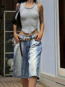 Women's Loose Fit Patch Pocket Wide Leg Bermuda Denim Shorts Casual Summer - Light Wash - View 5