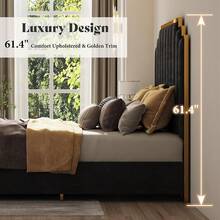 Queen/King Upholstered Velvet Bed Frame With Gold Trim Headboard, Sturdy Modern Platform Design, No Box Spring Required, Black - 黑色 - 查看 8