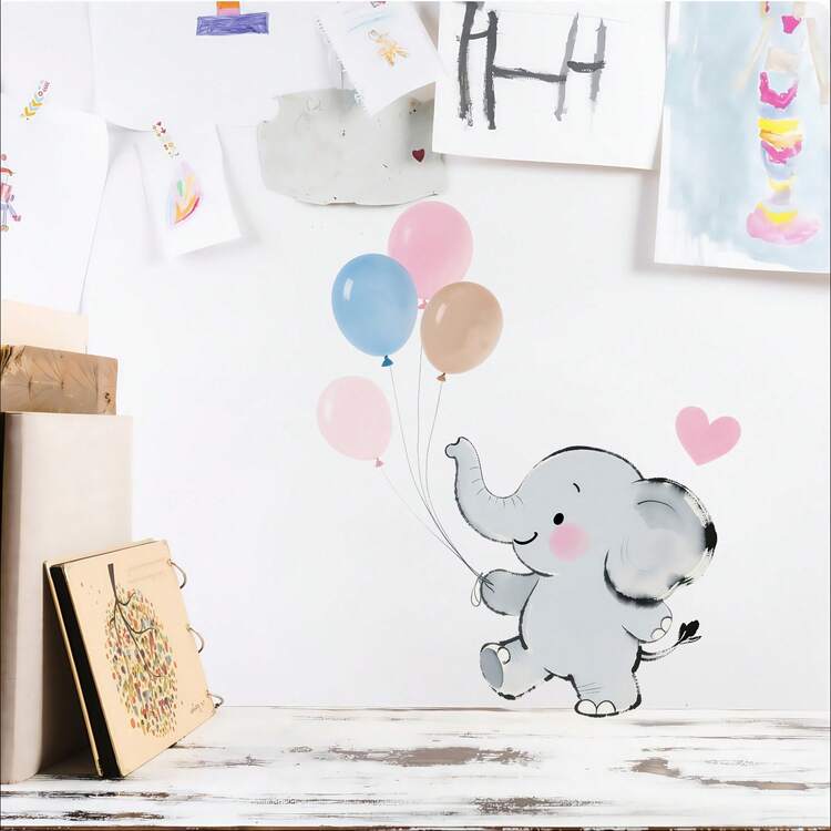 1pc Cartoon Painted Elephant Balloon & Rabbit Bubble Wall Sticker, Home Bedroom Decor - Multicolor - View 8