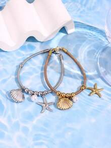 1 件海星贝壳珍珠吊坠手链，不锈钢弹性可调节女士手链，简约夏日海滩珠宝礼物 - 彩色 - 查看 5