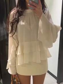 Elegancka bluzka damska z długim rękawem, okrągły dekolt, modny top, jednolity kolor, tkanina poliestrowa - Morela - Zobacz 2