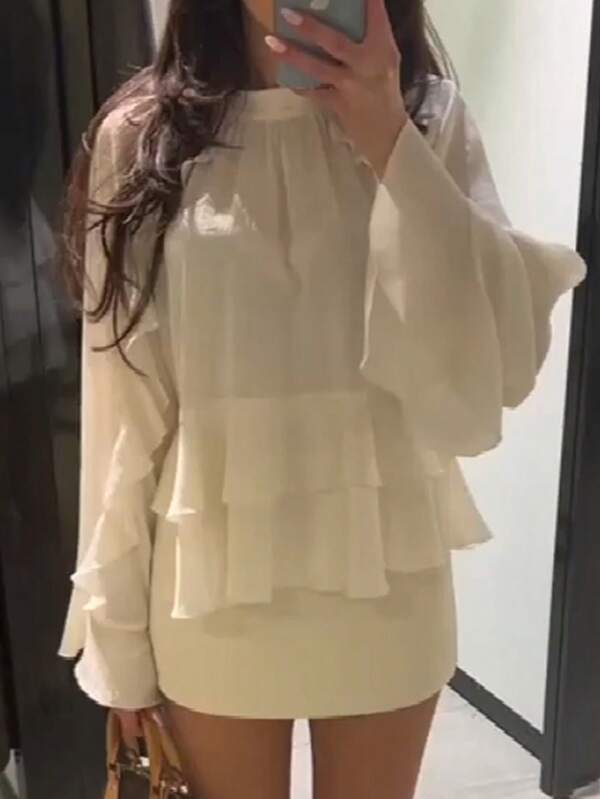 Blusa de manga larga elegante para mujer, cuello redondo, top de moda, unicolor, tela de poliéster