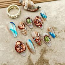 10pcs Original Handmade Garbage Punk Press-On Nails - Colorful Fake Nails With Squished Face & Emerald Accents, Artisan-Crafted Edgy Decorative Nails, Multi-Hue (Copper/Blue/Green) Retro-Punk Nail Sets - Đồng - Xem 2