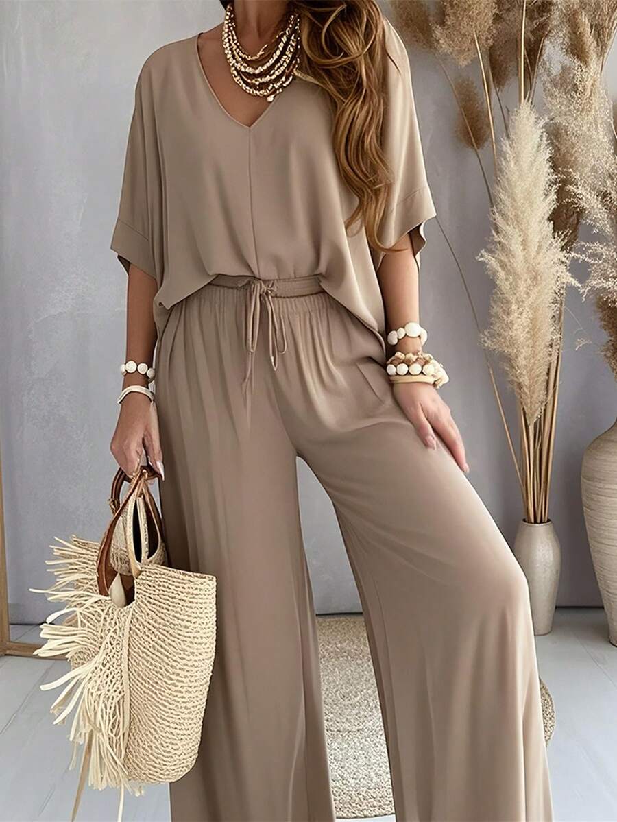 [Casual Pants Suit] Casual Solid Color Women's Pants Suit | Half Sleeve V-Neck Top And Wide Leg Pants Clothing - 杏色 - 查看 1