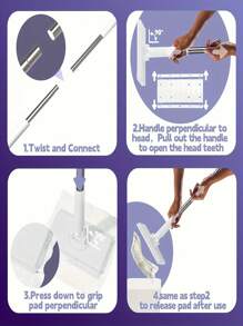 1 Quick Spin Mini Mop With 360° Rotating Head And Portable Push Handle, Easy-Twist Polyester Mop For Glass And Wall Cleaning High-Quality Stainless Steel Flat Mop With Automatic Cloth Clip - 36 Inch Removable Handle, 360° Slim Head, Suitable For Easy Cleaning Of Kitchen, Living Room, Bedroom, Bathroom Floors, Walls, Glass.