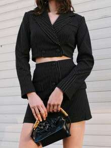 Conjunto de 2 Peças com Jaqueta Cropped de Manga Longa com Botões em Cruzado e Decote em V Listrado e Saia Mini Ajustada de Cintura Alta, Adequado para Escritório, Noite, Encontros, Férias, Uso Casual, Outono/Inverno