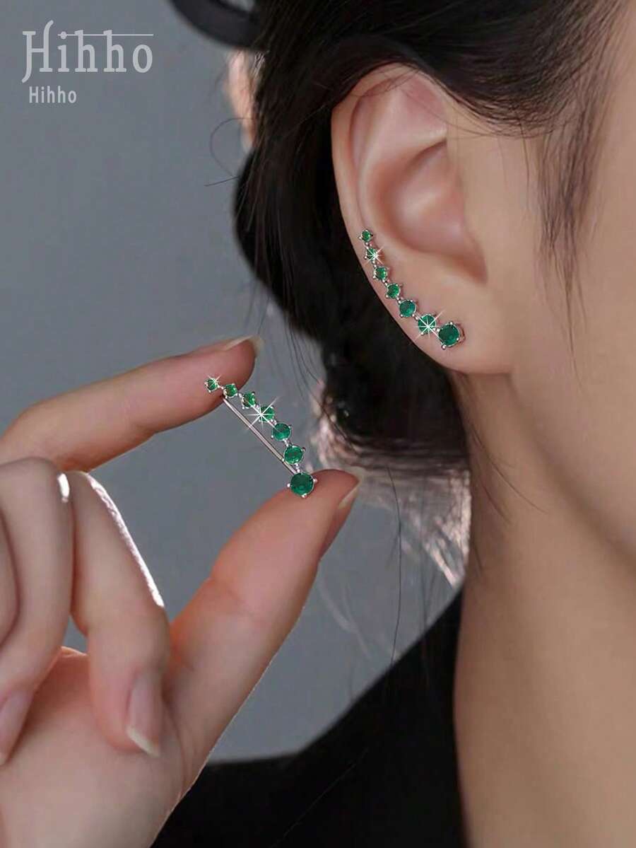 Hihho 2 chiếc trang sức sang trọng đơn giản, tinh tế, màu xanh nước biển thanh lịch, hoa tai cong tua dài, thích hợp làm trang sức thời trang cho phụ nữ, hoa tai màu xanh lá cây - Bạc - Xem 1
