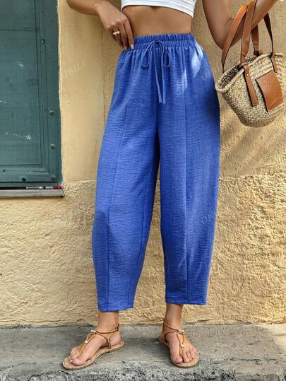 Pantalones harem de verano de cintura elástica con cordón, de unicolor de lino, talla estándar