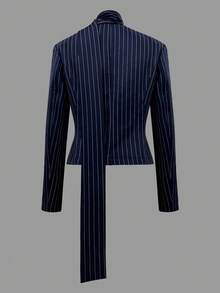 Women's Elegant Striped Blazer Jacket, Women's Scarf Tie-Up V-Neck Long Sleeve Luxury Outerwear Jacket - Blue - View 3